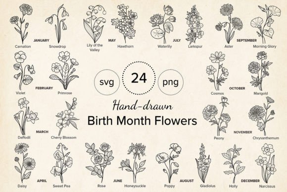 24 Hand-drawn Birth Month Flowers Bundle: Elevate Your Design Projects