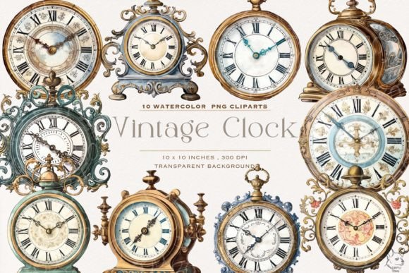 Elevate Your Designs with Vintage Clock Watercolor Clipart