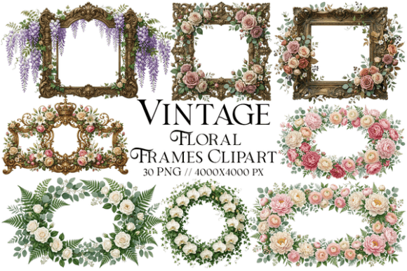 Elevate Your Designs with Vintage Floral Frames Clipart