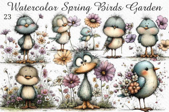 Elevate Your Designs with Watercolor Spring Birds Garden Clipart
