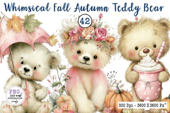 Enchanting Autumn Teddy Bear Clipart for Seasonal Designs