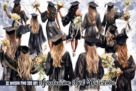 Graduation Girl Watercolor Clipart PNG
