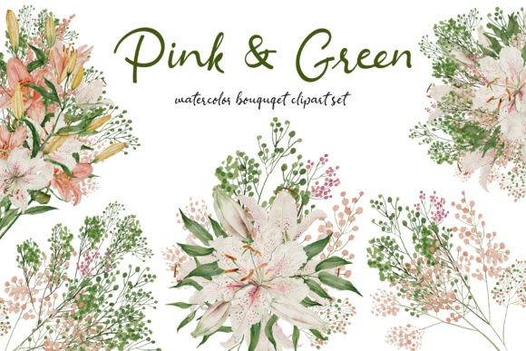 Pink & Green Bouquets Watercolor Art Set: Fresh Floral Design