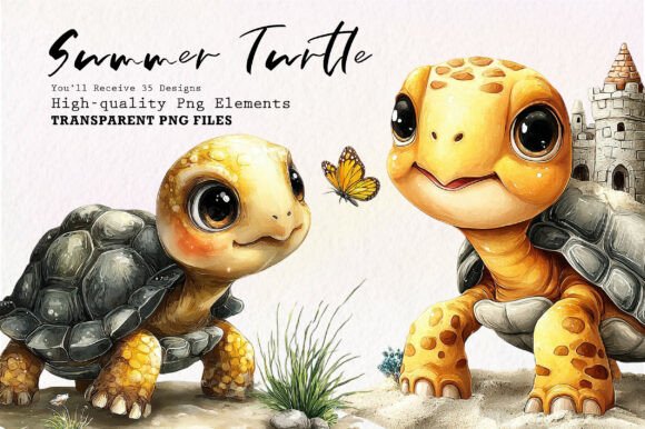 Quirky Funny Summer Turtle Clipart: 35 Playful PNG Elements