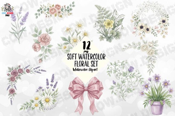 Soft Watercolor Floral Set PNG: Elegant Design Assets