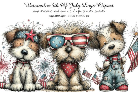 Watercolor 4th of July Dogs Clipart for Designers