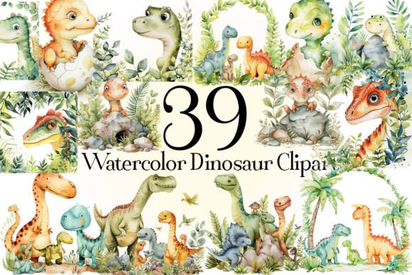 Watercolor Dinosaur Clipart: Creative Design Assets
