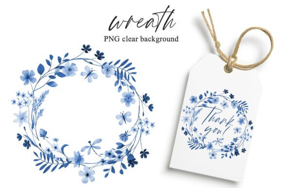 Watercolor Wreath with Blue Flowers and Butterflies