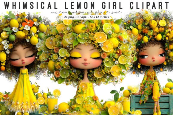 Whimsical Lemon Girl Clip Art: Fresh Design Assets