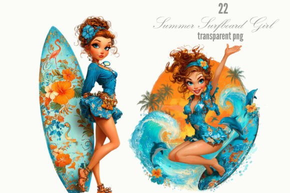 Whimsical Summer Surfboard Girl Clipart for Creative Projects